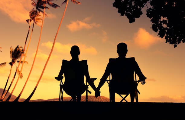 Silhouette of two people sitting side by side in chairs, holding hands, watching a sunset beside tall palm trees